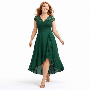 Miusol Deep Green Faux Wrap Ruffle Dress Scalloped Neck HiLo Skirt sz XXL= US XL